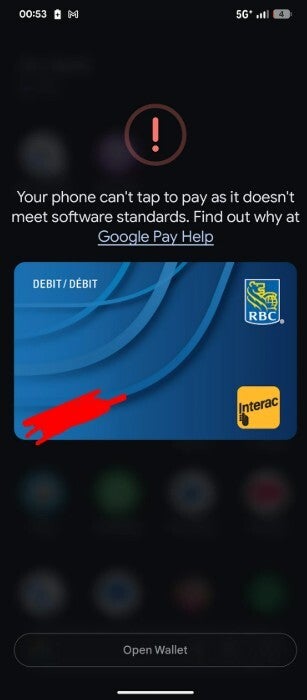 Screenshot from Pixel user with Google Wallet issue.