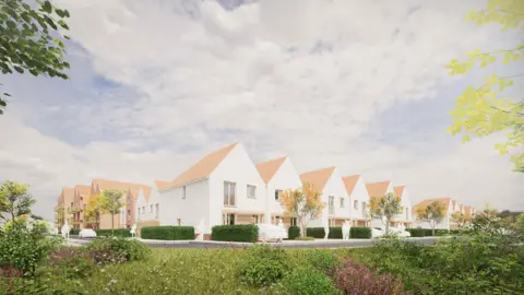 Allison Homes Artist's impression of a development of new houses, shown from the street.  The white terraced house, with light brown roofs, are surrounded by box hedges, trees and grassland