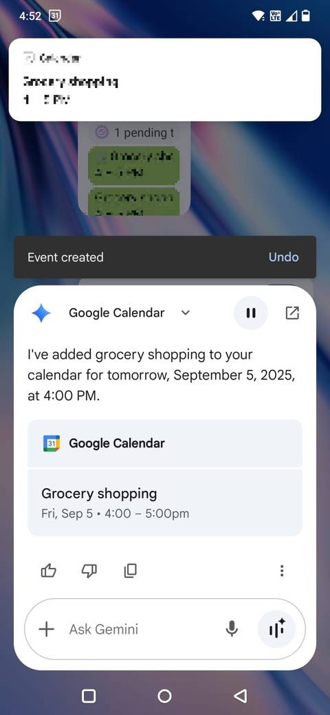 Screenshot showing how to add a calender event with Google Gemini