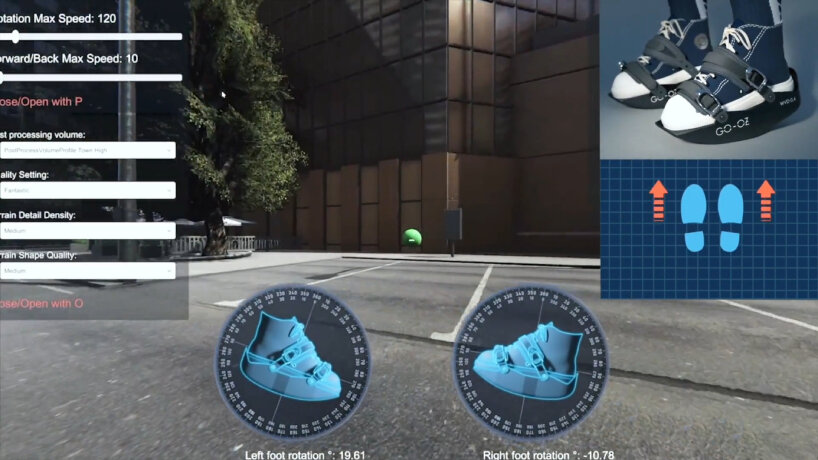 view of the user playing the game while wearing the foot-worn device