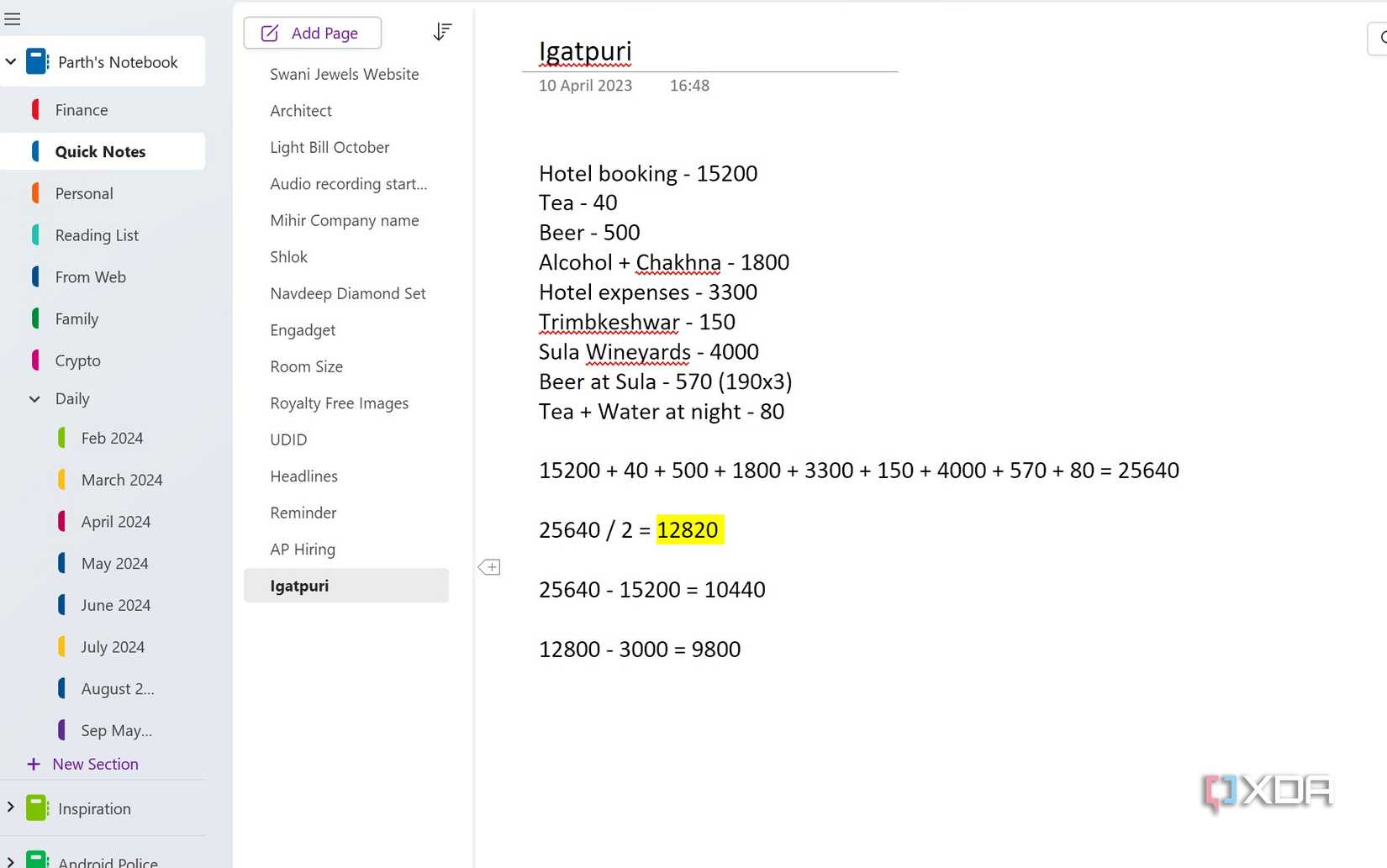 Math calculations in OneNote