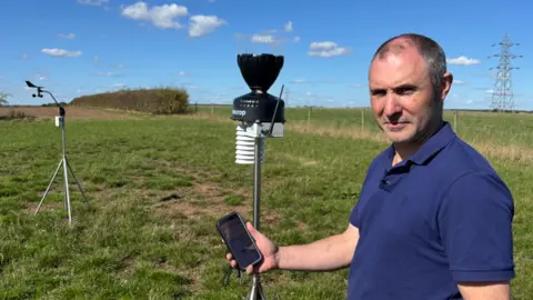 Farmer Patrick Lynn demonstrating the weather station on his farm