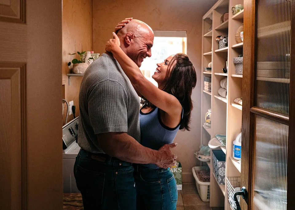 Emily Blunt and Dwayne Johnson in a scene from The Smashing Machine.
