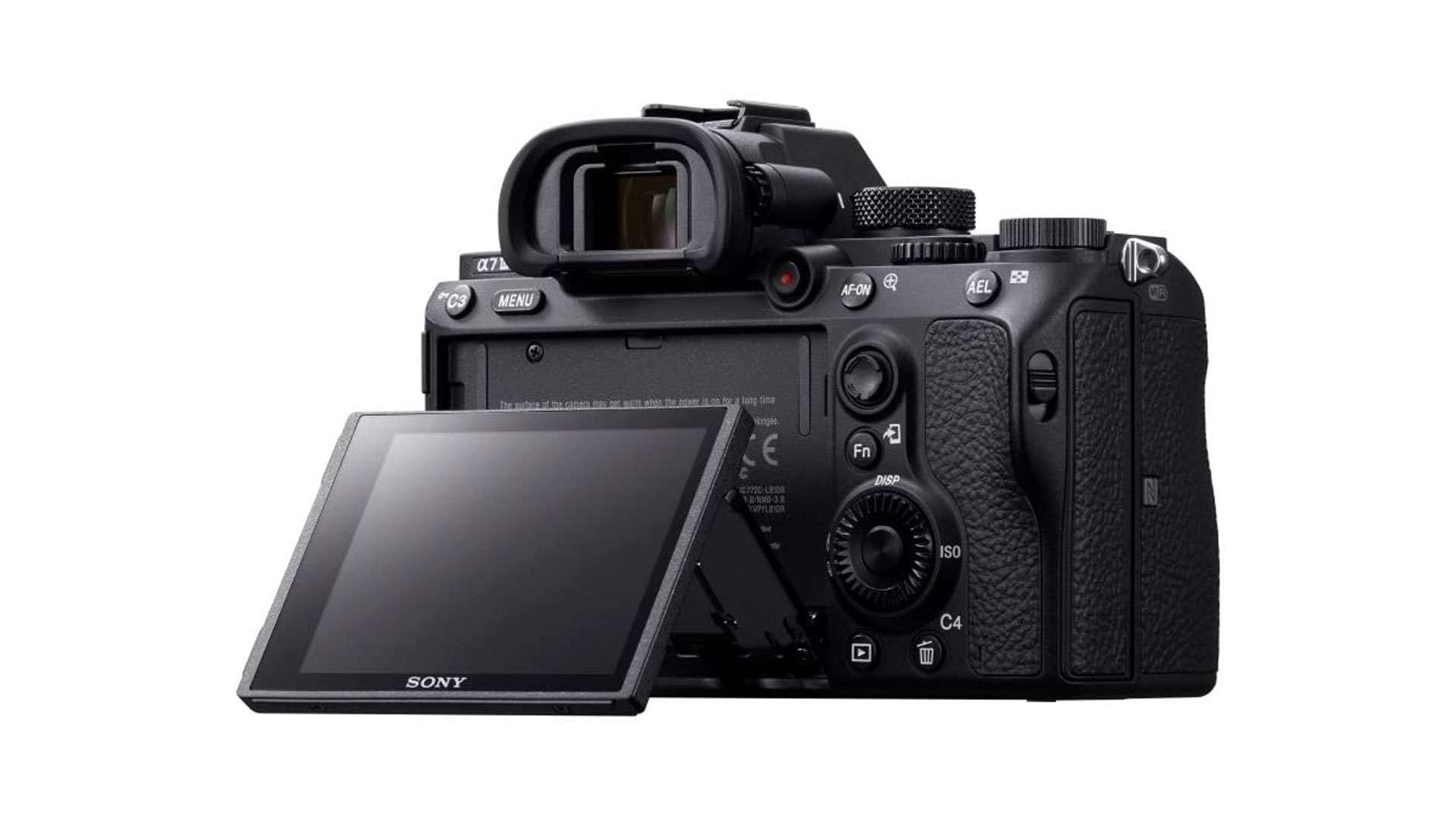 A rear view of the Sony A7 III showing the flip-out LCD monitor.