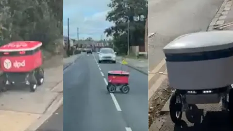 Handouts A collage of the two autonomous delivery robots, one red DPD robot and a white one, seen rolling on the pavement and crossing the street in front of a car.