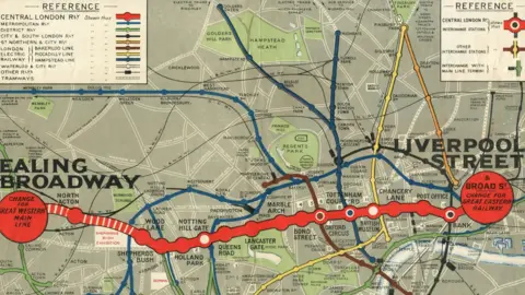 TfL A historic map of the route of the Central line from Ealing Broadway in the west (on the left of the map) and Liverpool Street in the east (on the right of the map). The line is shown with a thick red line, with large red dots to indicate the terminus stations at either end, which are labelled in black writing. Smaller red dots symbolise stations along the route, which are labelled with smaller black writing. Key London landmarks such as Regents Park and the River Thames are visible. A reference legend is shown in a white box in the top left and top right of the map.