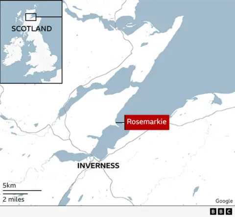 A map showing Scotland and the Highlands, and the locations of Rosemarkie and Inverness.