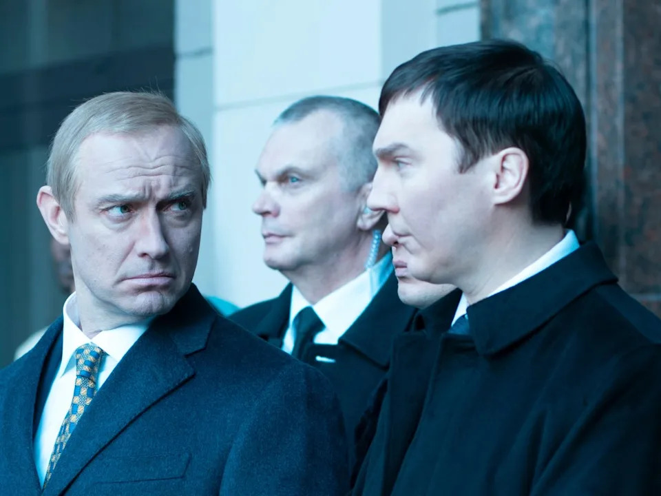 Jude Law (left) transforms into Vladimir Putin for Olivier Assayas’ “The Wizard of the Kremlin,” which had its world premiere Sunday at the Venice Film Festival. AP