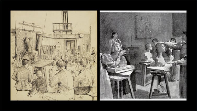 Two images side by side, showing people drawing in a room.