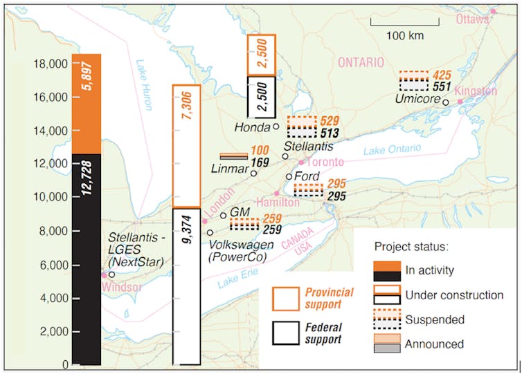 A map showing proposed EV manufacturing facilities and their costs.