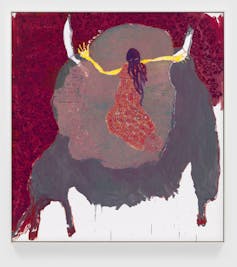 A painting in reds, whites, greys, a female figure from behind with wide arms around a large shapeless form.