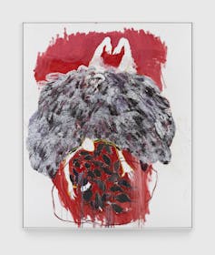 A large red, grey and white abstract painting with a great cloud in the middle.