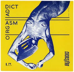 A Buzzcocks album cover in yellow and blue showing a naked woman upside with an iron for a head.