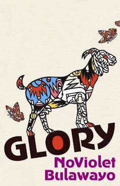 A book cover with an illustration of a goat and butterflies with African print covering their bodies.
