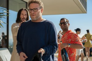 Keanu Reeves as Gabriel, Seth Rogen as Jeff, and Aziz Ansari as Ari in Good Fortune. Photo Credit: Eddy Chen