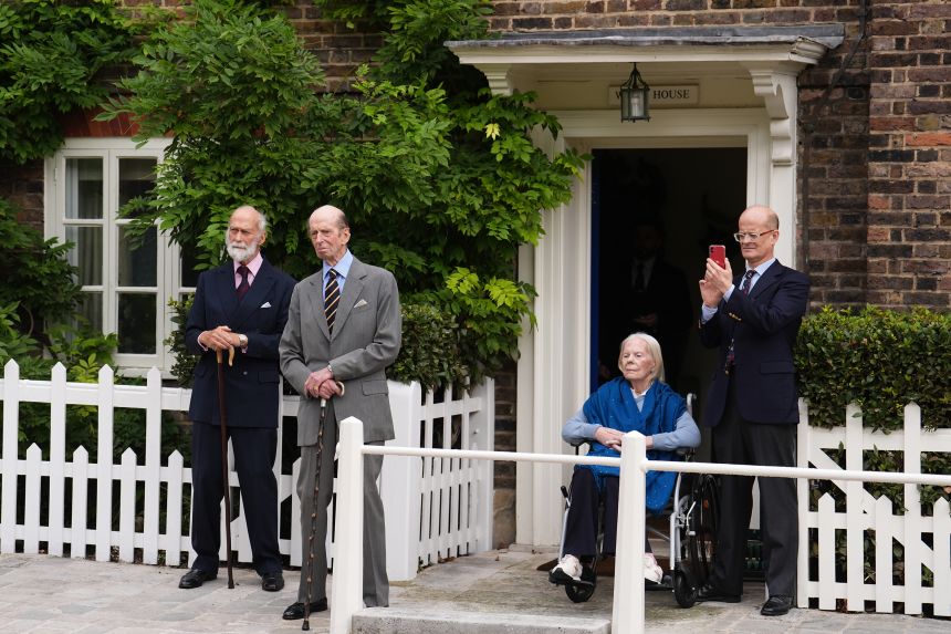Prince Michael of Kent, Prince Edward, Duke of Kent, Katharine, Duchess of Kent and Lord Nicholas Windsor watch three pipers play outside Kensington Palace, London to mark the duke's 89th birthday on October 9, 2024.