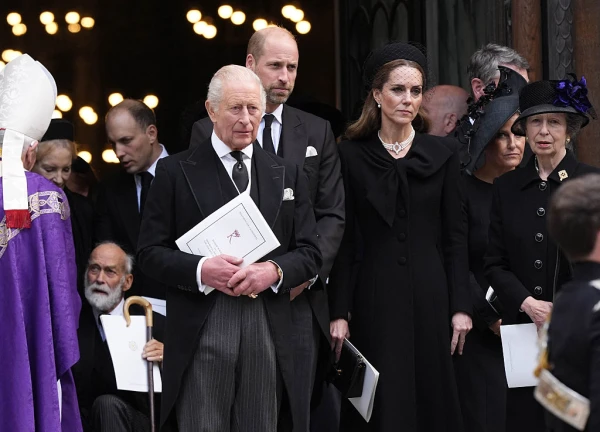 Britain’s King Charles III stands with Britain’s Princess Michael of Kent (left); Britain’s Prince Michael of Kent (second left); Britain’s Lord Frederick Windsor; Britain’s Prince William, Prince of Wales; Britain’s Catherine, Princess of Wales; Britain’s Sophie, Duchess of Edinburgh; and Britain’s Princess Anne, Princess Royal, following a Requiem Mass for the late Katharine, Duchess of Kent, at Westminster Cathedral in London on Sept. 16, 2025. Credit: JORDAN PETTITT/POOL/AFP via Getty Images