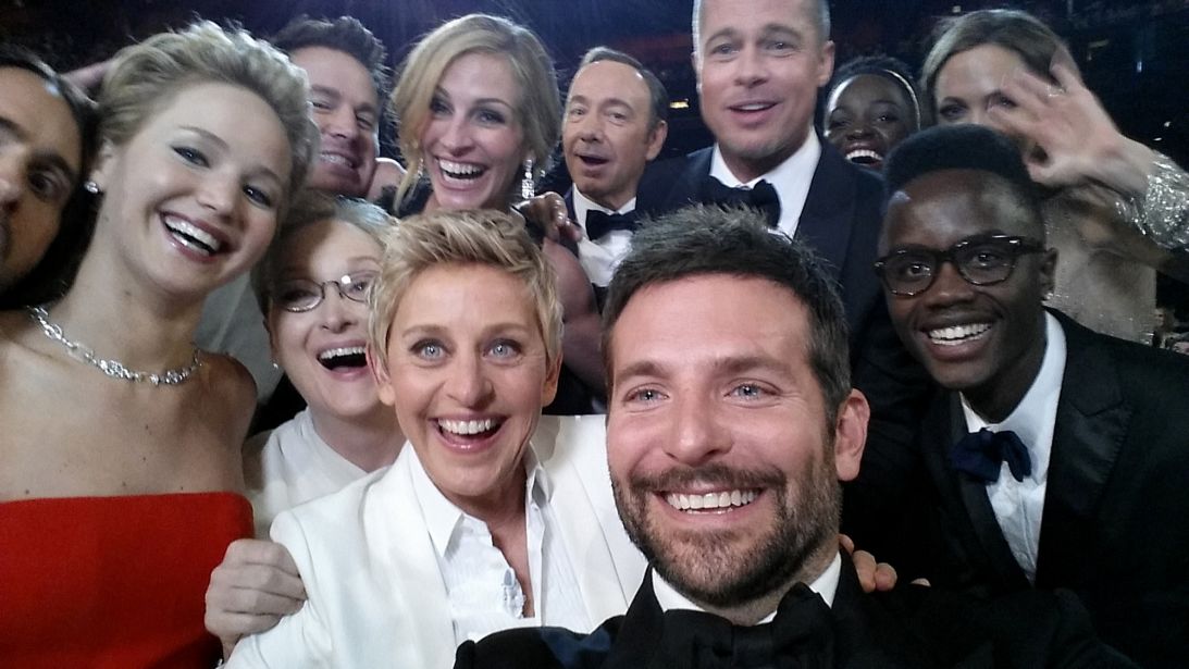 DeGeneres' famous 2014 selfie, taken while she hosted the Oscars, has become a cultural time capsule. It features Jared Leto, Jennifer Lawrence, Channing Tatum, Meryl Streep, Julia Roberts, Kevin Spacey, Brad Pitt, Lupita Nyong'o, Angelina Jolie, Peter Nyong'o Jr. and Bradley Cooper.