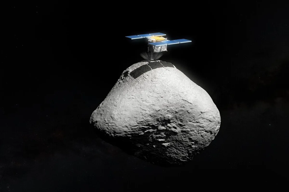 Artist's impression of Japan’s Hayabusa2 space mission touching down on the surface of asteroid 1998 KY26. Credit: ESO/M. Kornmesser. Asteroid: T. Santana-Ros et al. Hayabusa2 model: SuperTKG (CC-BY-SA)