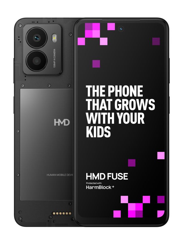 The back and front of the HMD Fuse, a new model by Human Mobile Devices released this summer and targeted at children.