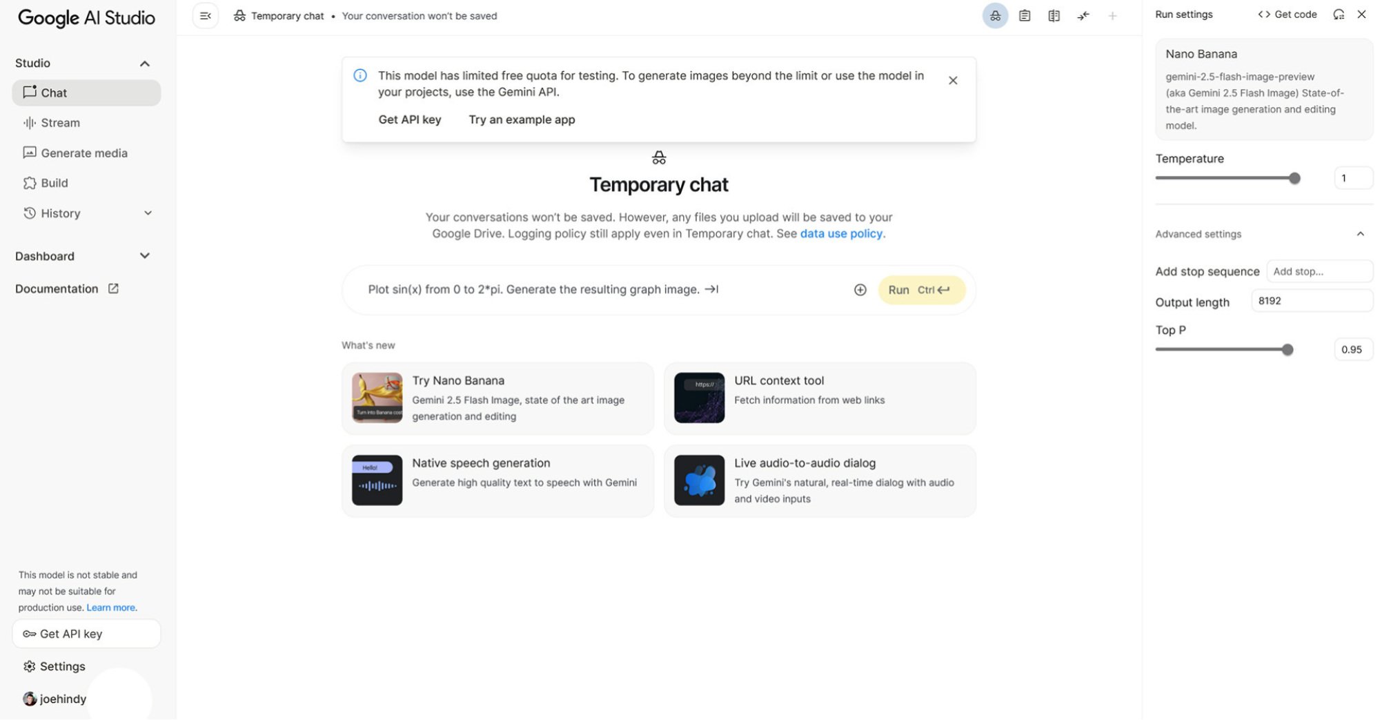 A screenshot of Google AI Studio's landing page, with a prompt to try Nano Banana