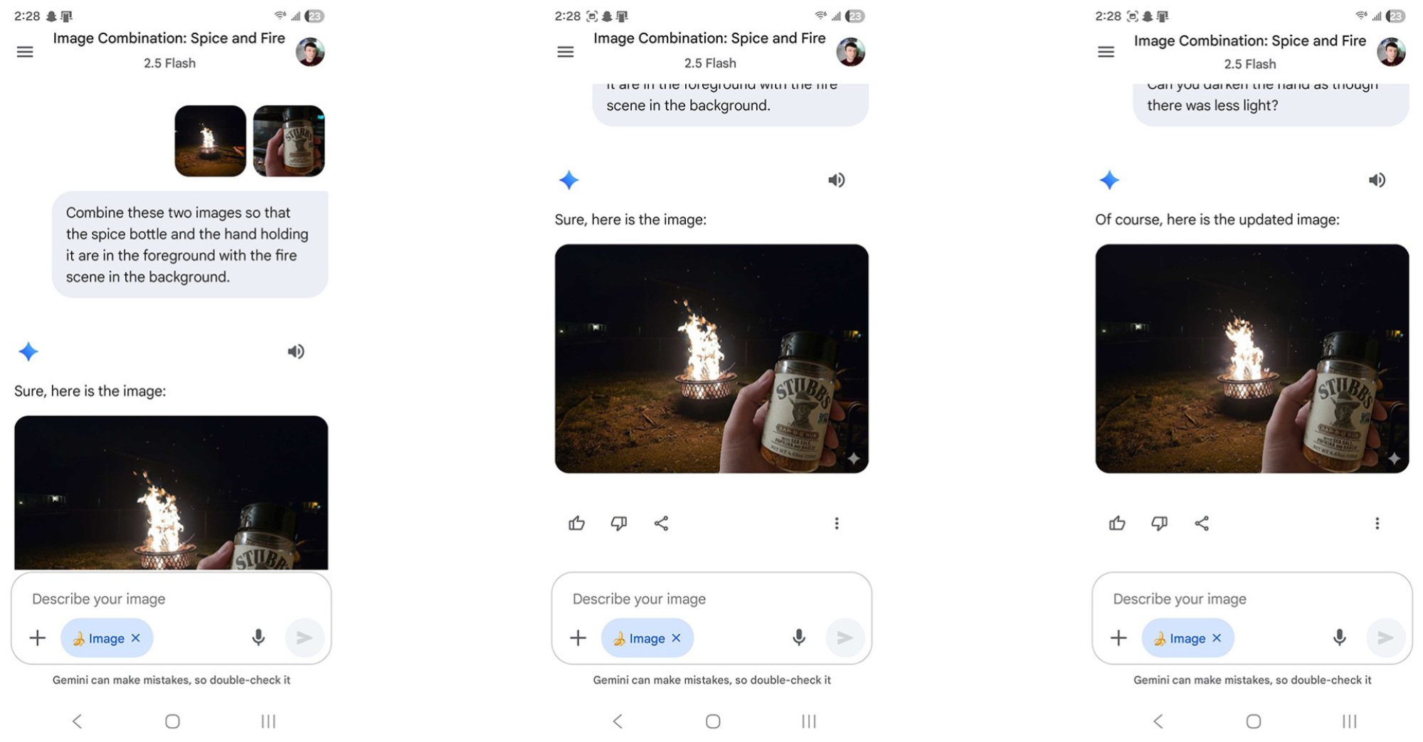 Screenshots of Google Gemini's mobile app, where a user has asked the image editor to combine a photo of a bonfire and a spice bottle