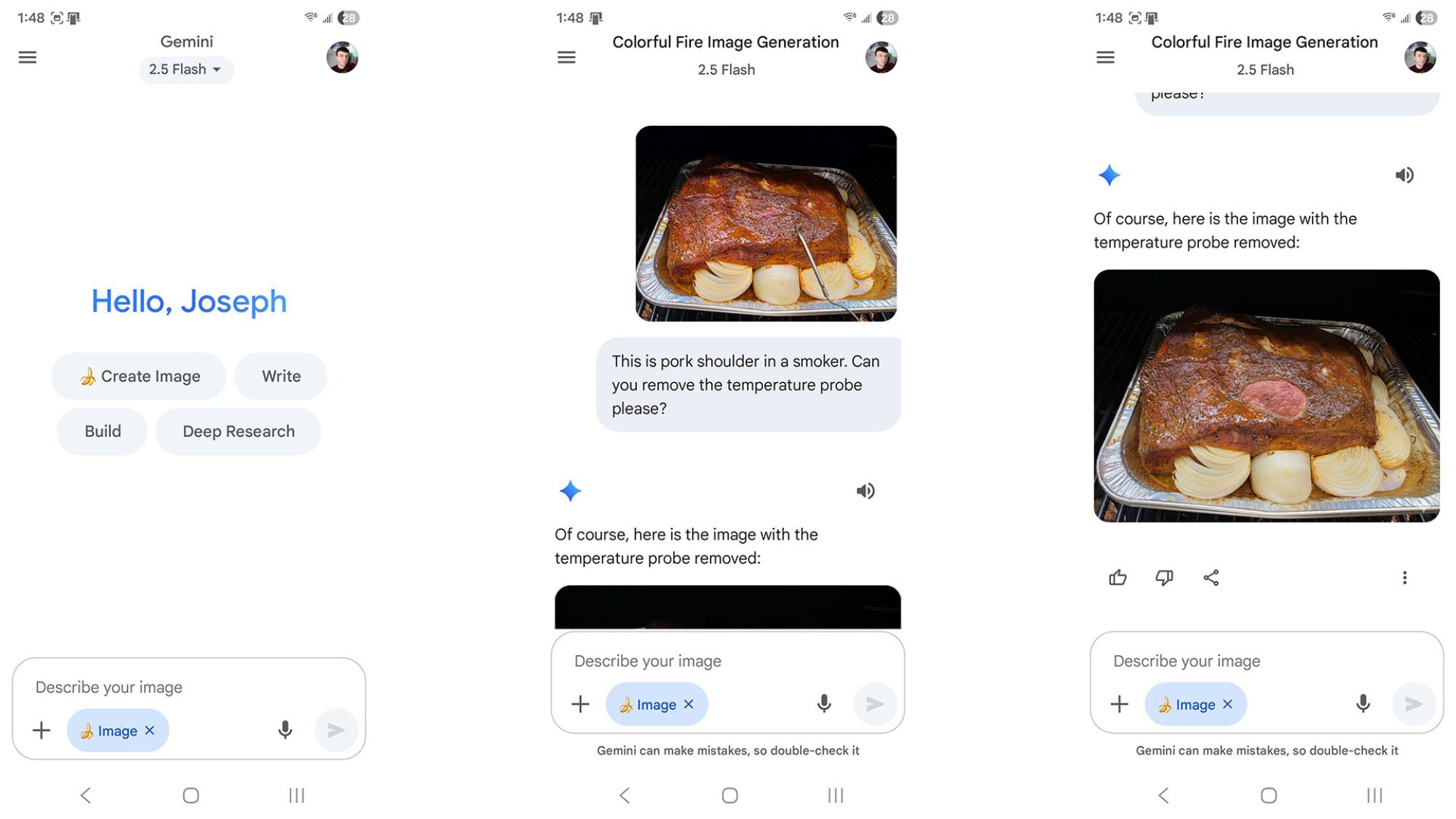 A screenshot of a user request in the Google Gemini app to remove a temperature probe from a photograph of a pork shoulder.