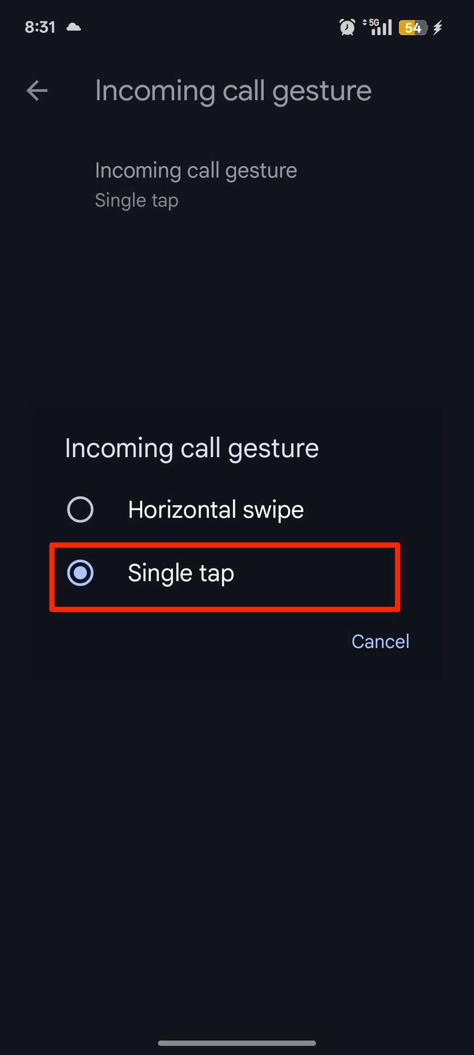 User switching Incoming call gesture to from horizontal swipe to single tap on Google Phone
