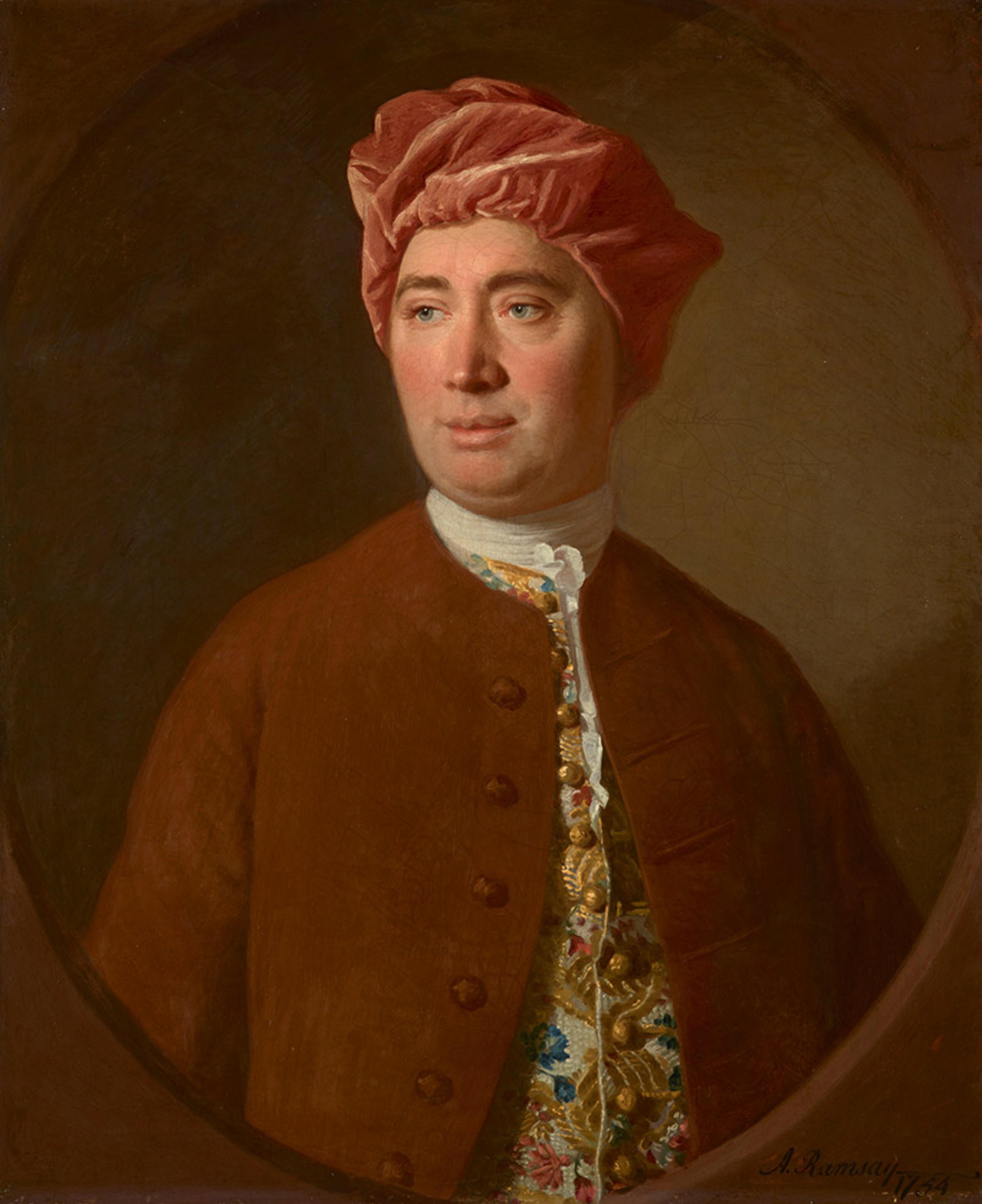 Portrait painting of a man in 18th-century attire with a red turban, signed by A Ramsay dated 1766.