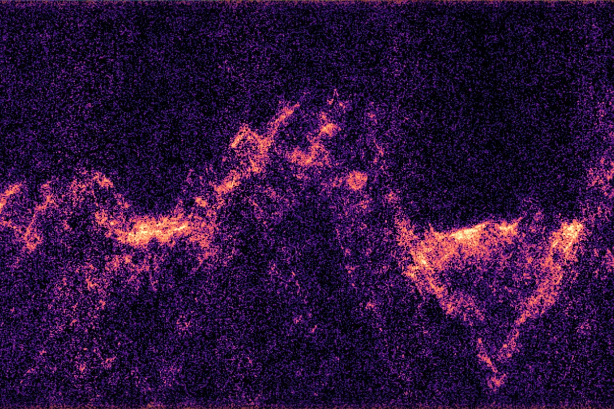 A view of a patch of the surface of the Moon, captured by the RIME instrument on the Juice spacecraft. RIME sent out radio waves and listened out for their echoes from the Moon’s surface 750 km away. Credit: ESA/Juice/RIME. Acknowledgement: University of Trento