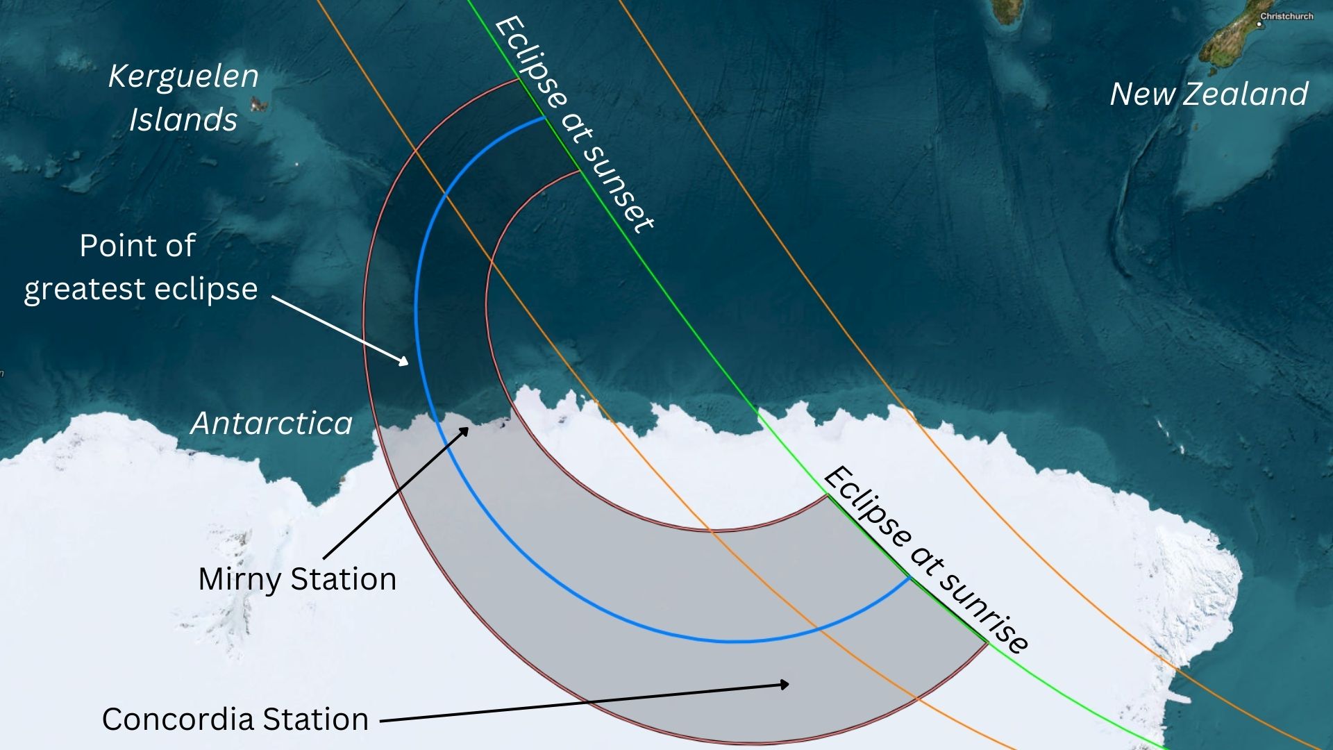 Map showing path of the annular solar eclipse on Feb. 17, 2026 over Antarctica.