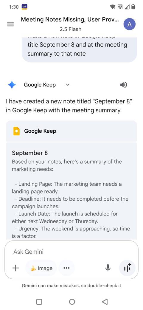 Screenshot showing how Gemini can create meeting note in Keep