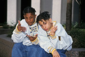 Rap group Kris Kross (aka Chris "Mac Daddy" Kelly and Chris "Daddy Mac" Smith) appears in a portrait taken on February 24, 1992 in New York City.