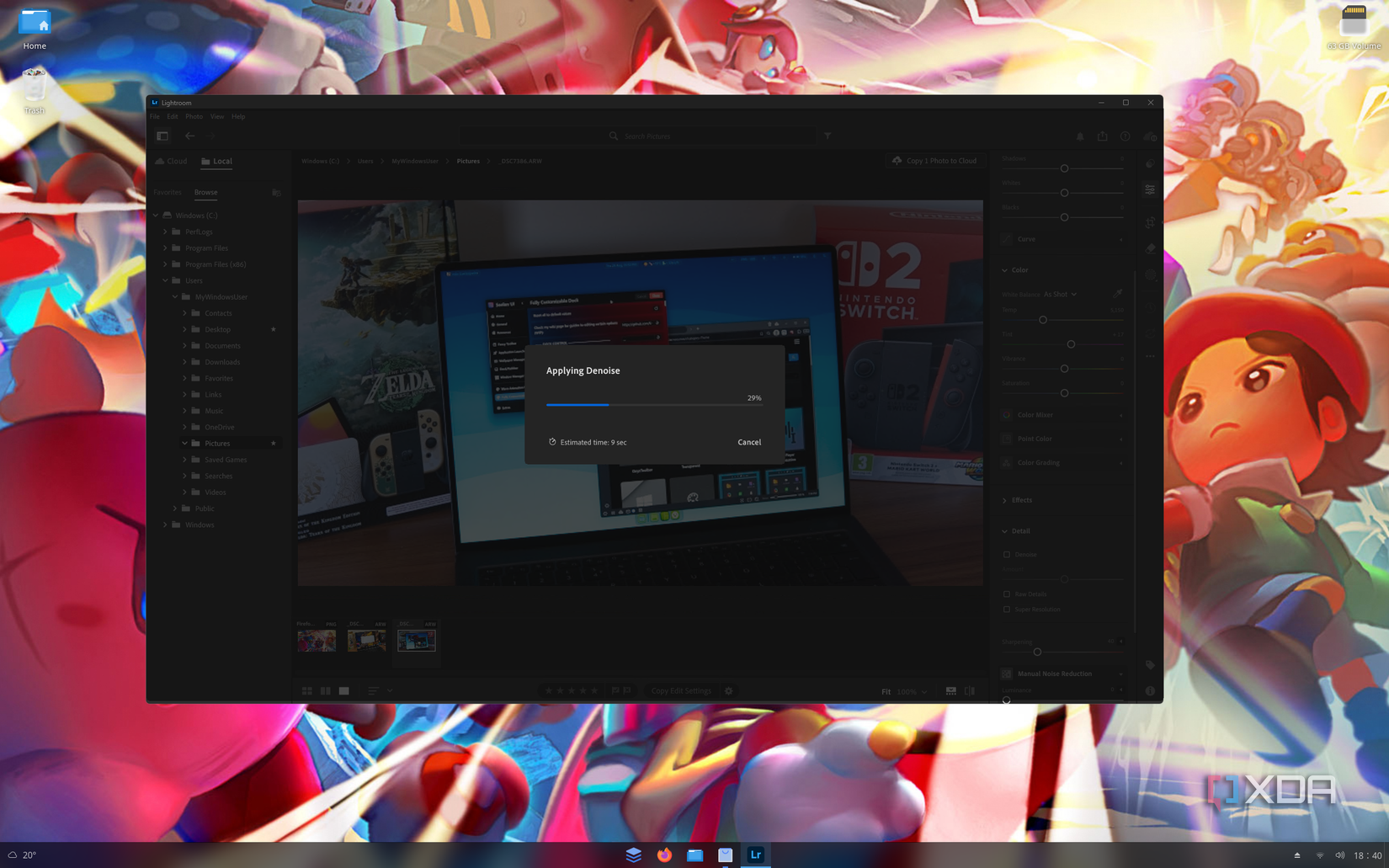 Screenshot of Adobe Lightroom processing AI Denoise on Linux