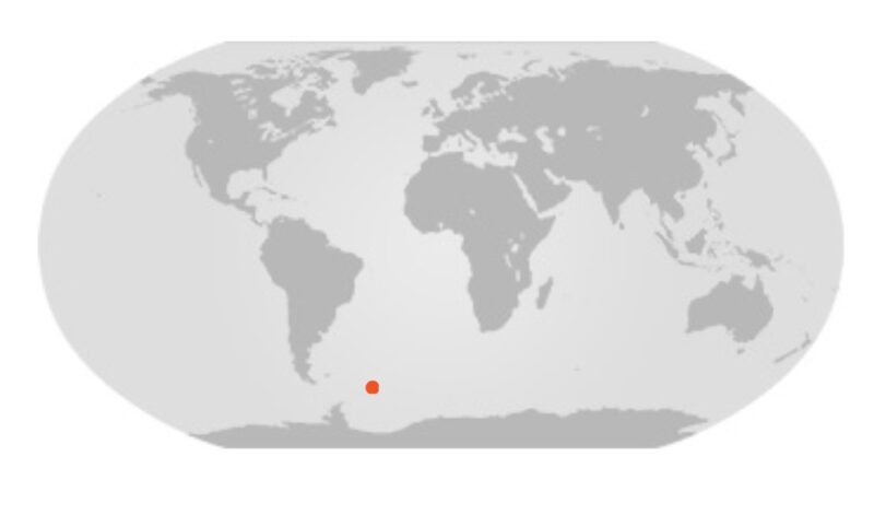 Map of the world with a red dot off the coast of Antarctica and not too far from the southern reaches of South America.
