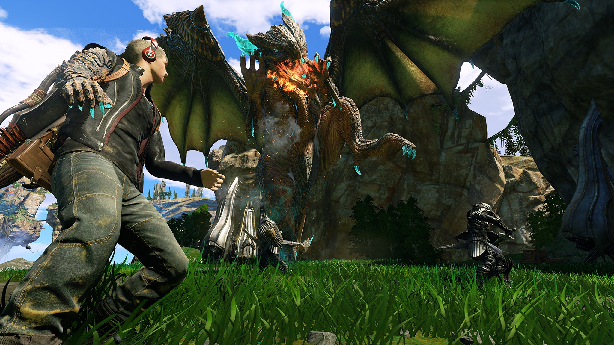 Promotional screenshot of a dragon and the main character in battle in Scalebound