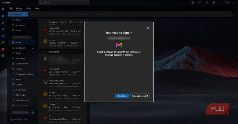 Outlook showing a sing in prompt again