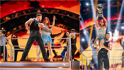 A collage of Strictly pros Dianne and Kai dancing together. On the left, they strike a pose as they begin to dance. On the right, Kai lifts Dianne to sit on his shoulder as she holds the glitterball trophy above her head.