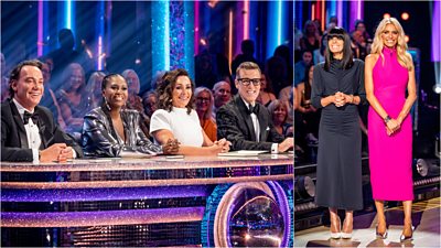 Left: Strictly judges Craig, Motsi, Shirley and Anton sit behind a large judges' desk. Right: Hosts Claudia and Tess stand together smiling on the ballroom floor.