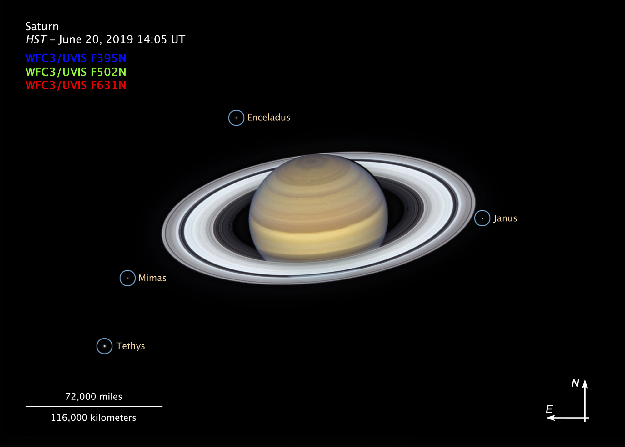 The rings of Saturn and four of its moons take center stage in this portrait by the Hubble Space Telescope's Wide Field Camera 3 taken on June 20, 2019.