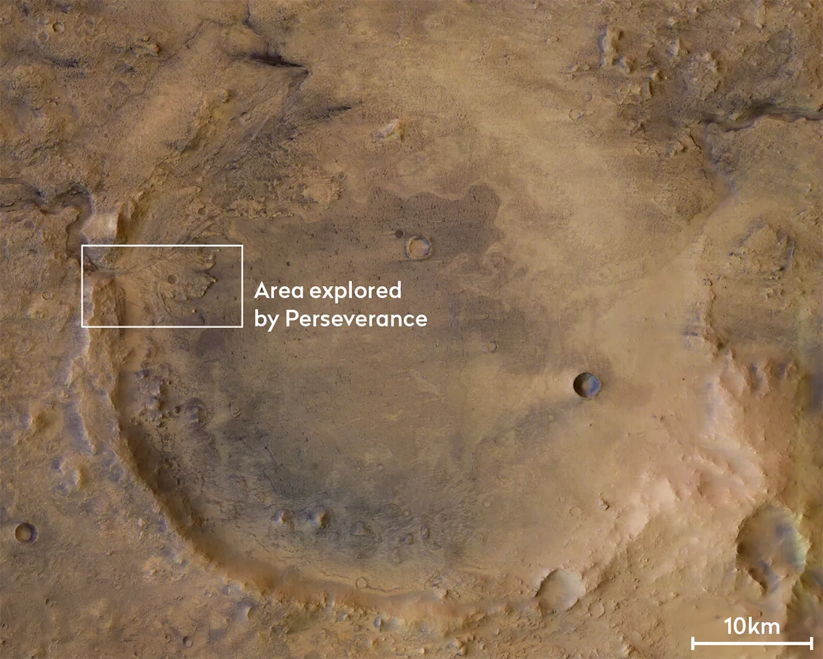 Image showing the area of Jezero Crater explored by the Perseverance rover. Credit: ESA/DLR/FU Berlin