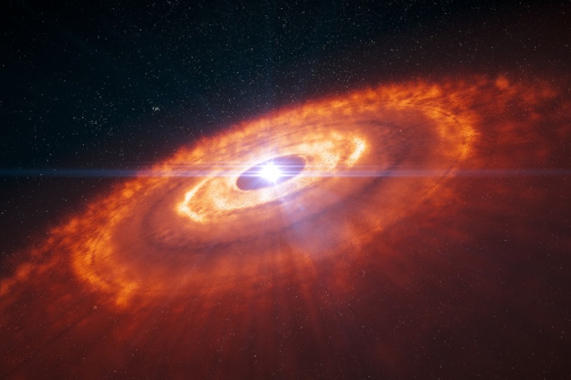 Large bright reddish disk of gas and dust around a bright white star. The disk has darker concentric rings in it.