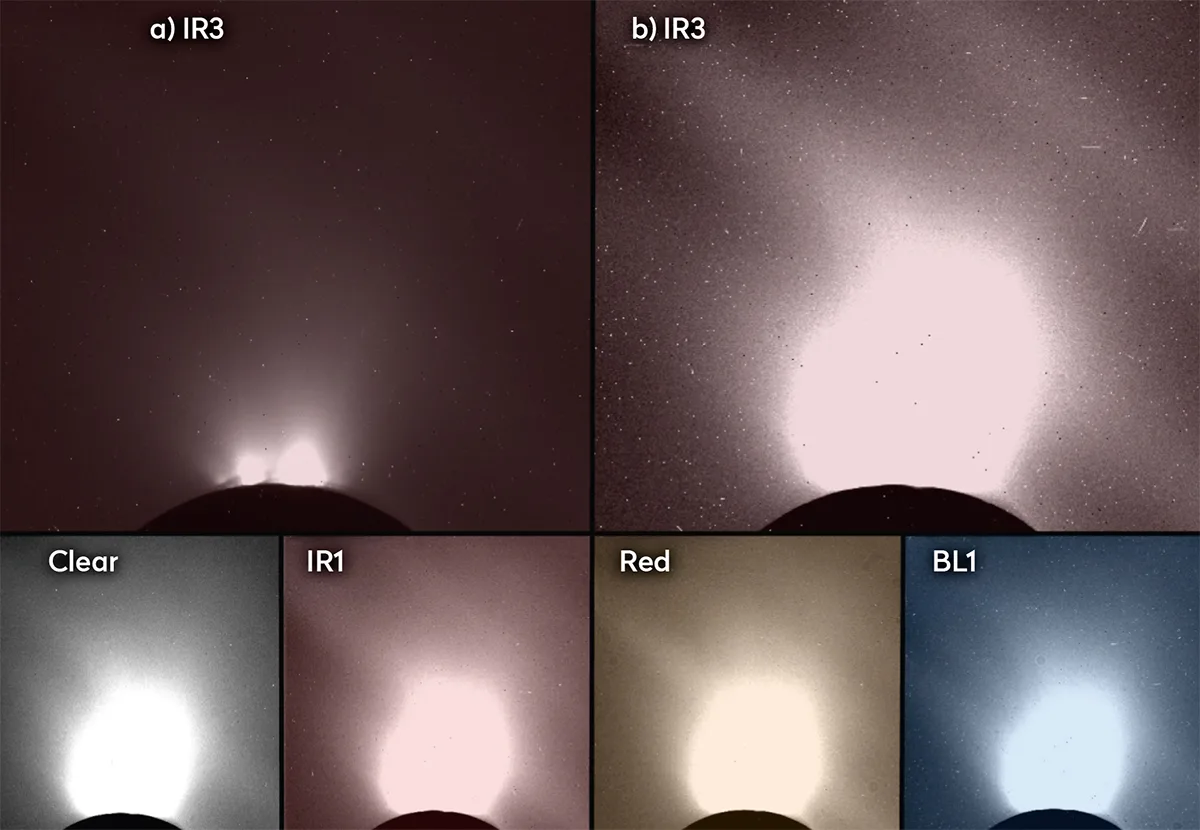 Multi-filter Cassini images show the plumes scattering light into faint stripes on Saturn's rings. Credit: Niels Rubbrecht, Stephanie Cazauxa et al