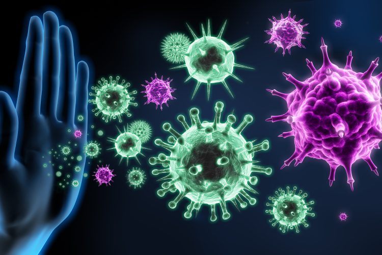 Digital illustration of a human hand blocking floating virus particles, symbolizing the immune system defending against viral infections.