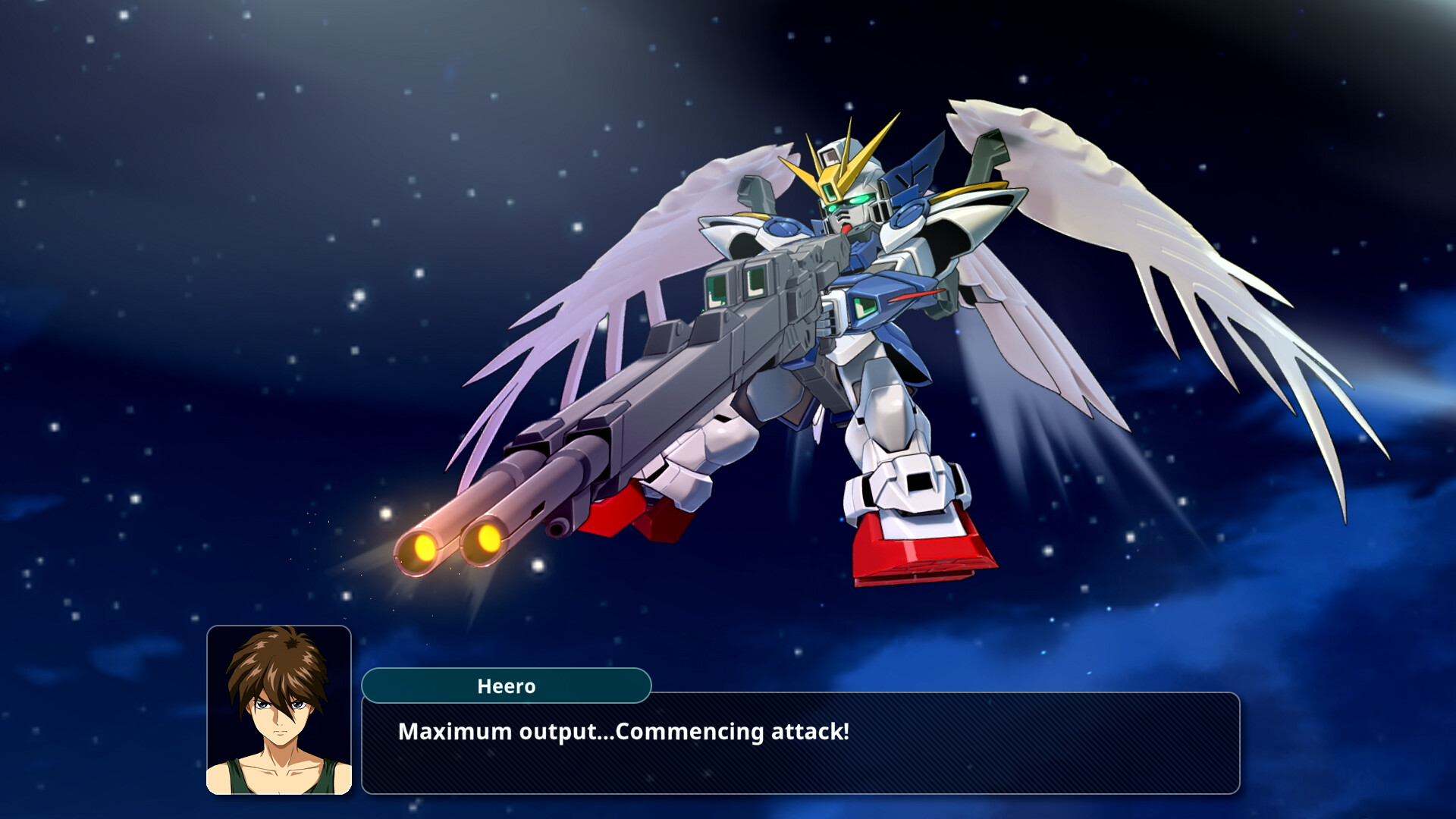 Screenshot from Super Robot Wars Y featuring the Wing Zero Gundam firing a long beam rifle. With a text box featuring Heero Yuy saying “Maximum output… Commencing attack!”