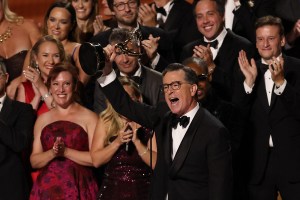 US comedian writer Stephen Colbert accepts the Outstanding Talk Series award for "The Late Show with Stephen Colbert" onstage during the 77th Primetime Emmy Awards at the Peacock Theatre at LA Live in Los Angeles on September 14, 2025. (Photo by VALERIE MACON / AFP) / RESTRICTED TO EDITORIAL USE (Photo by VALERIE MACON/AFP via Getty Images)