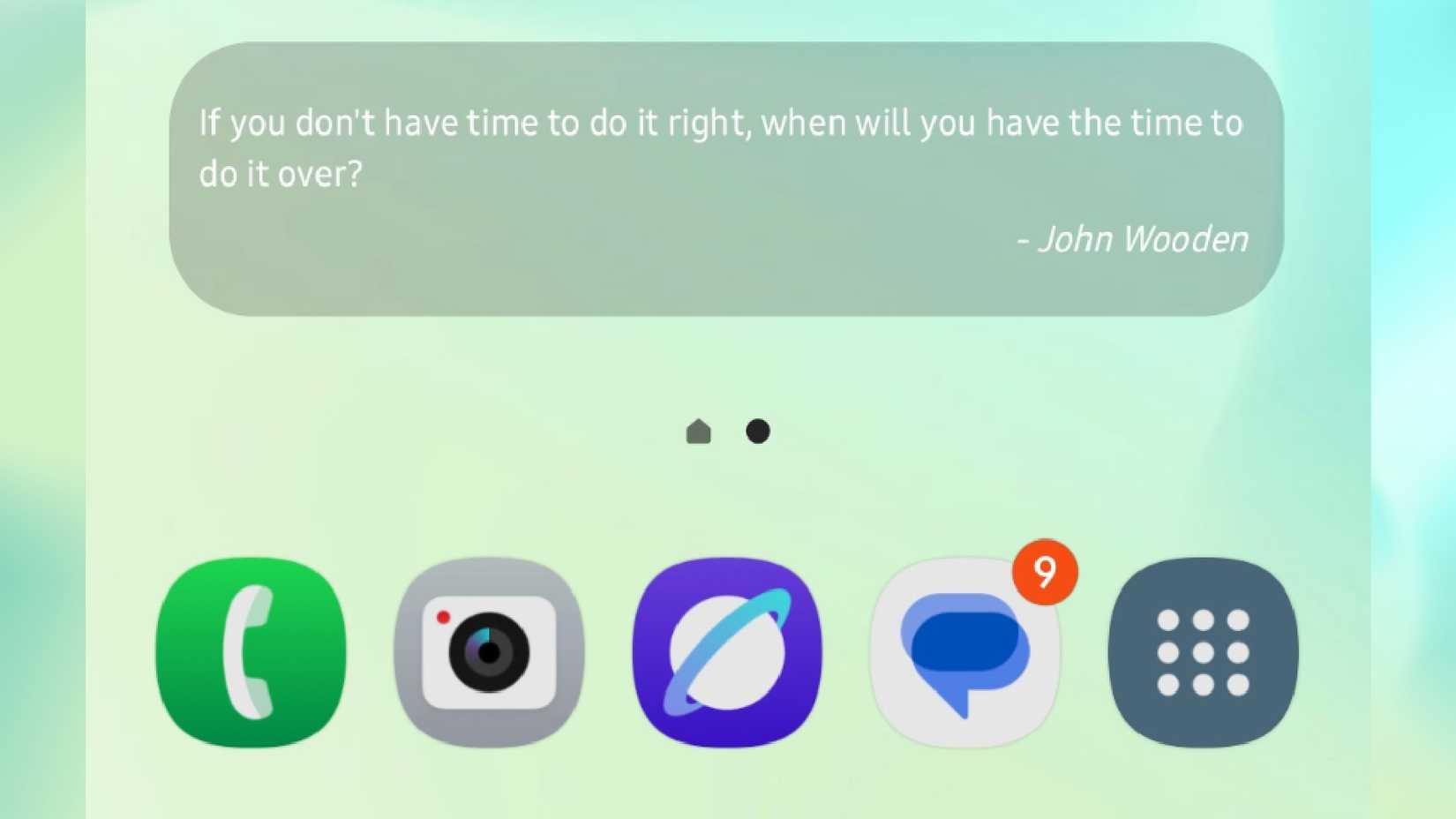 The Quotes Widget showing a quote by John Wooden saying if you don't have time to do it right, when will you have the time to do it over on the home screen of a phone