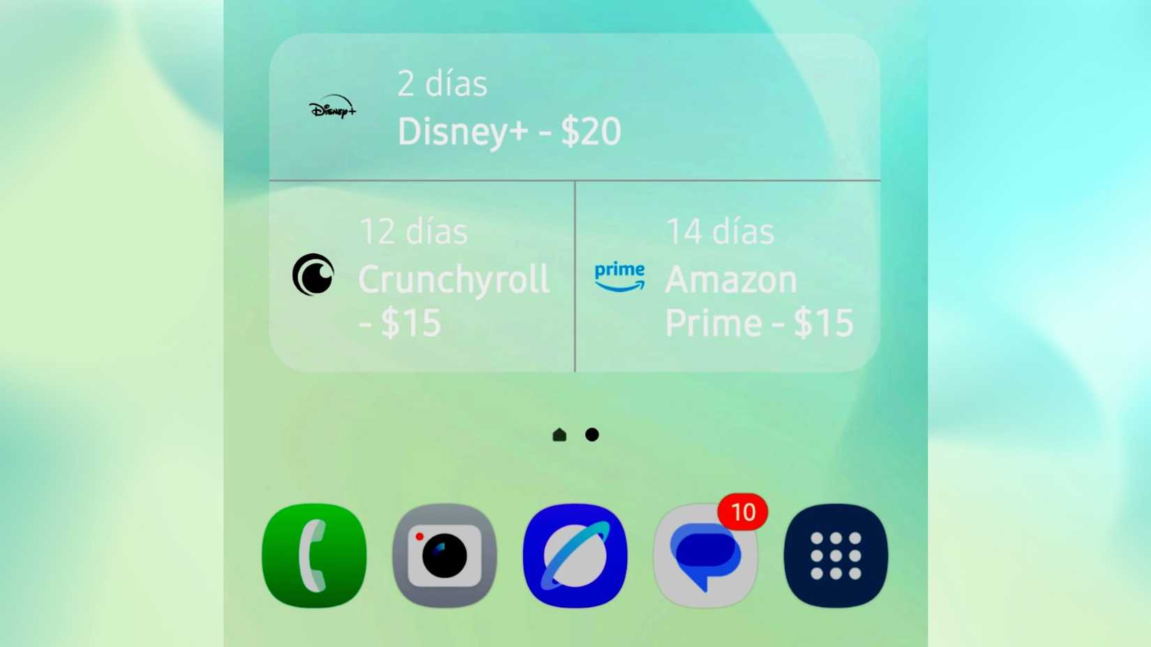 Tilla - subscriptions manager widget showing disney, crunchyroll, and amazon prime subscriptions needing to be paid soon on the home screen of a phone
