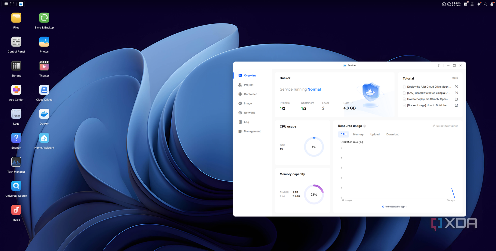 Ugreen DH4300 Plus home page with the Docker application open