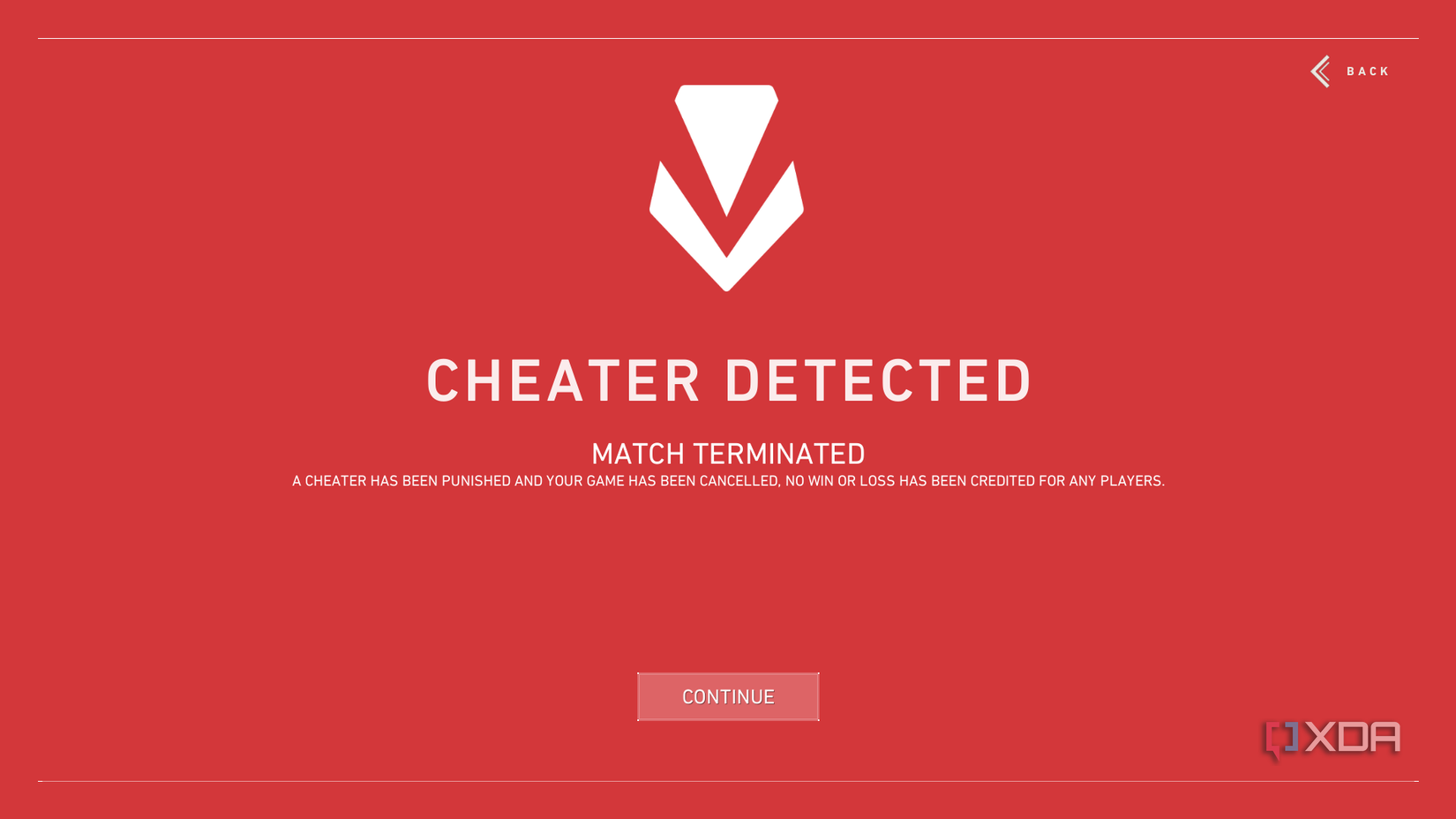 "Cheater detected, match terminated" screen in Valorant